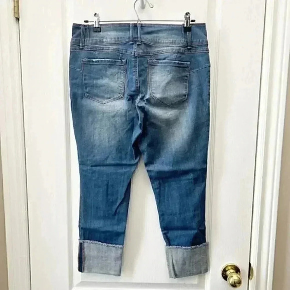 Evermore High Rise Distressed Ankle Crop Jeans Cuffed Stretch Denim Blue Size 30 - Picture 5 of 14